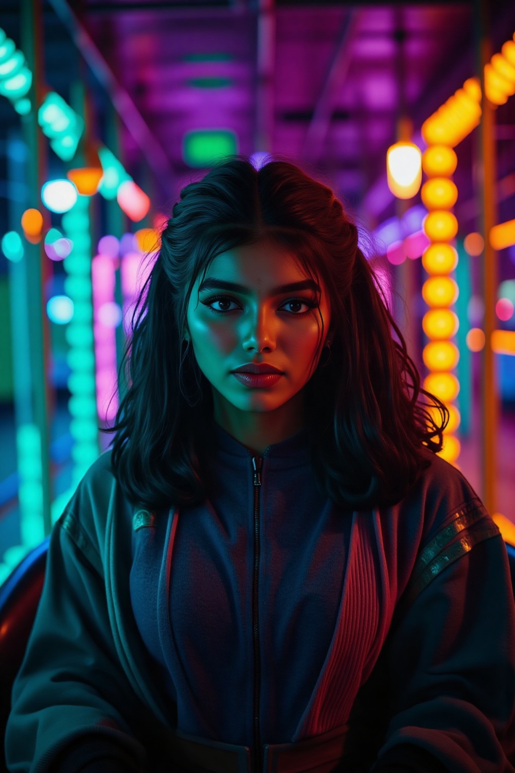 A beautiful mallu women,  teal and orange colour lighting in background,  futuristic subway on Tensor.Art