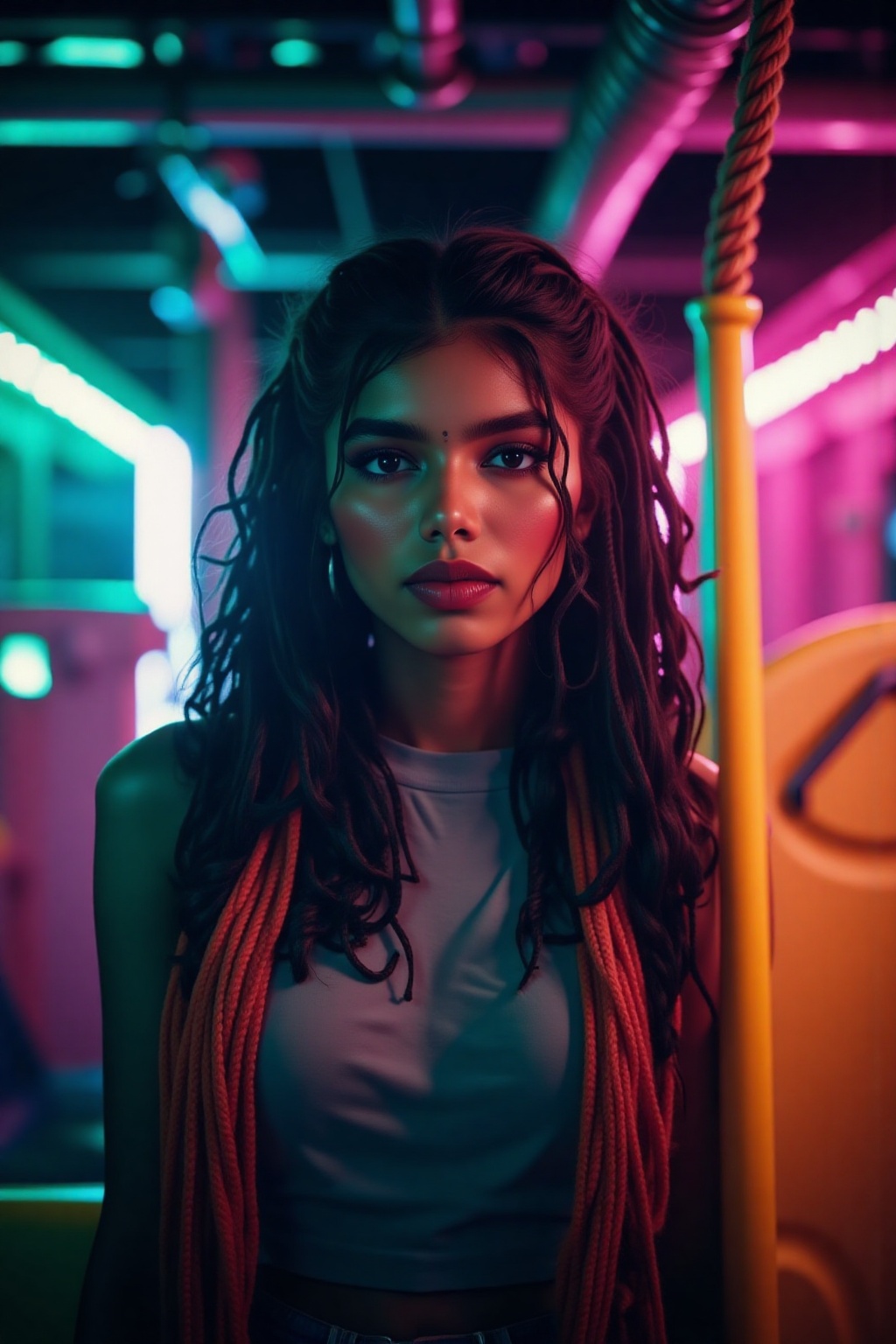 A beautiful mallu women,  teal and orange colour lighting in background,  futuristic subway on Tensor.Art