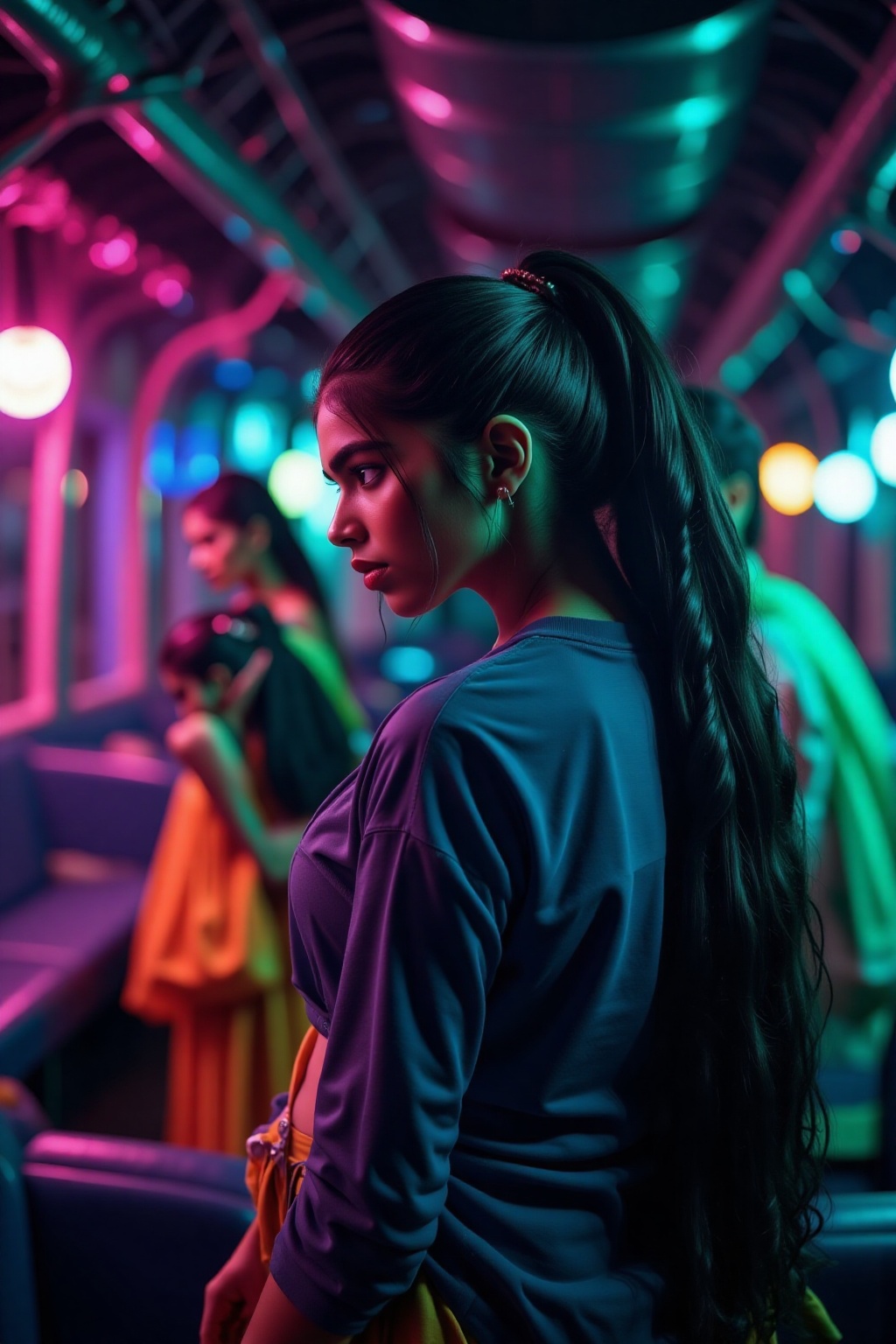 A beautiful mallu women,  teal and orange colour lighting in background,  futuristic subway on Tensor.Art