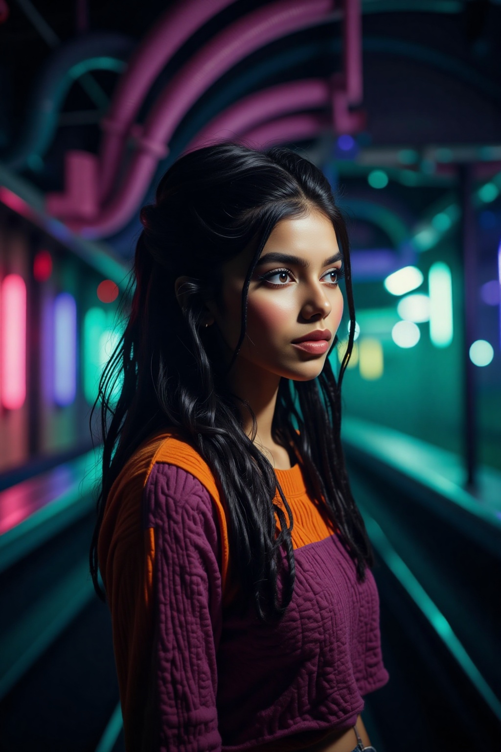 A beautiful mallu women,  teal and orange colour lighting in background,  futuristic subway on Tensor.Art