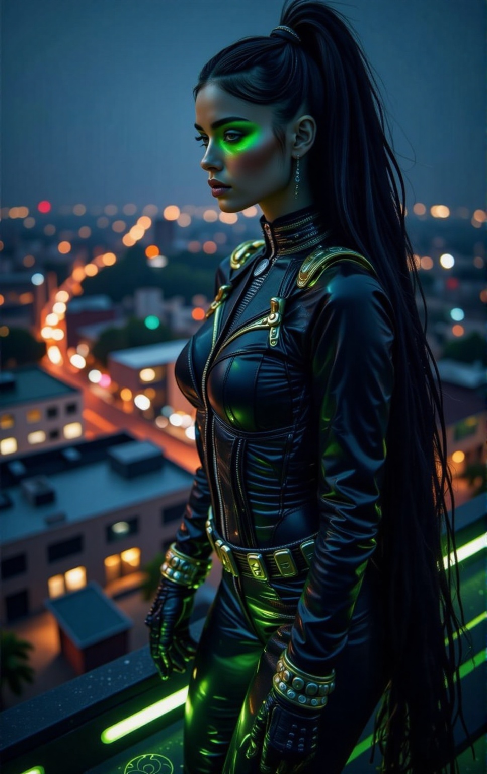 A dark and cinematic portrait of a mysterious Malayali superhero woman,  dressed in a black and gold tactical suit with hi...