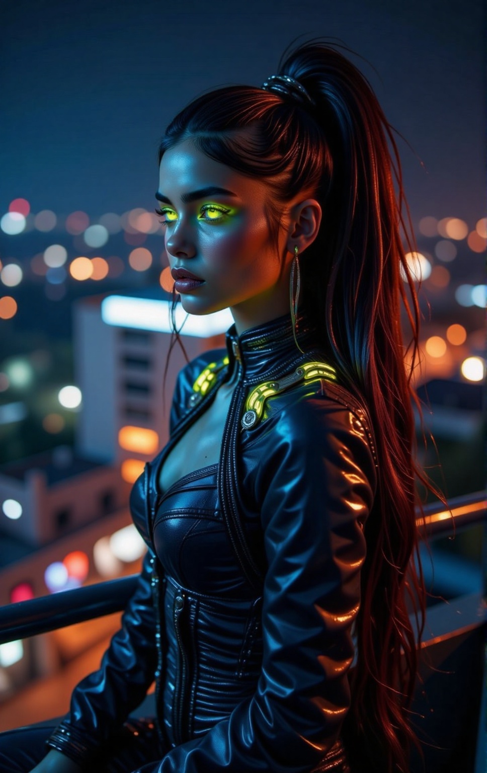 A dark and cinematic portrait of a mysterious Malayali superhero woman,  dressed in a black and gold tactical suit with hi...