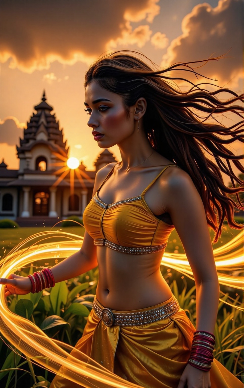 A stunning Malayali superhero woman in a dynamic action pose,  wielding her flowing saree as a weapon. The fabric extends...