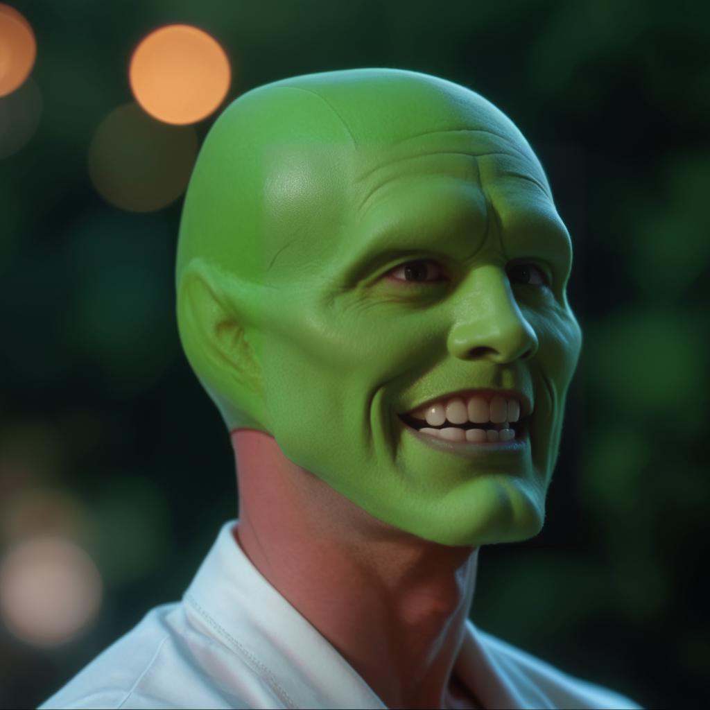 a happy amazed enthusiastic excited humourous bald white attractive handsome man with a (((green head))),  the_mask,  scor...