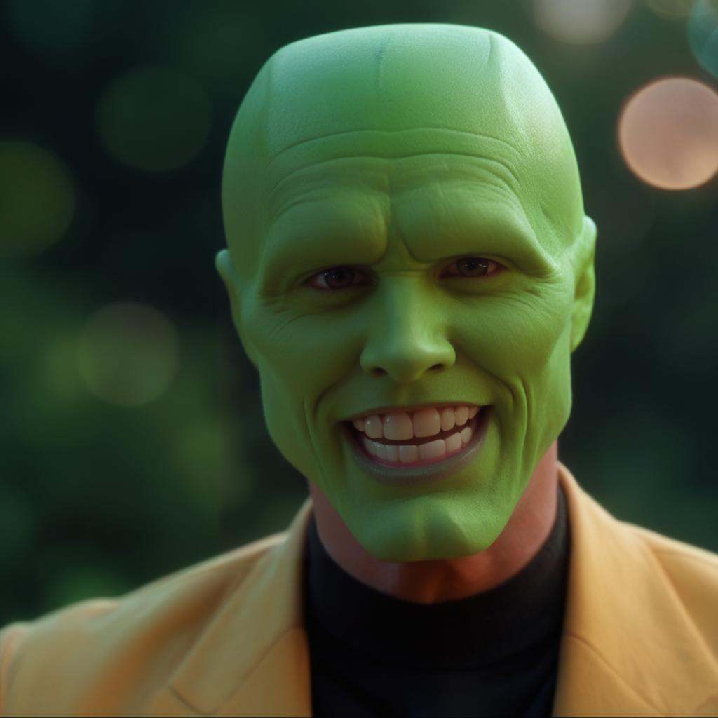 a happy amazed enthusiastic excited humourous bald white attractive handsome man with a (((green head))),  the_mask,  scor...