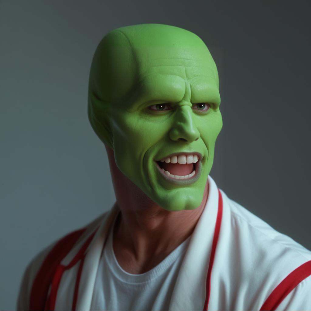 a funny happy amazed enthusiastic excited humourous bald white attractive handsome man with a (((green head))),  grimace,...