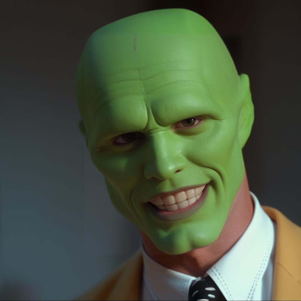 a happy amazed enthusiastic excited humourous bald white attractive handsome man with a (((green head))),  the_mask,  scor...