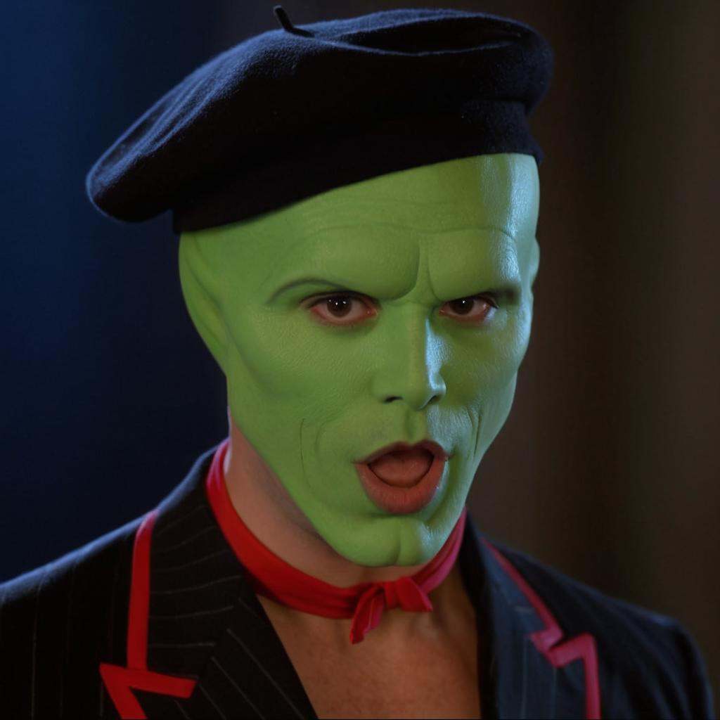 detailed high quality photo of a funny handsome man with a (((green head))),  the_mask,  ZIP2D ziprealism on Tensor.Art