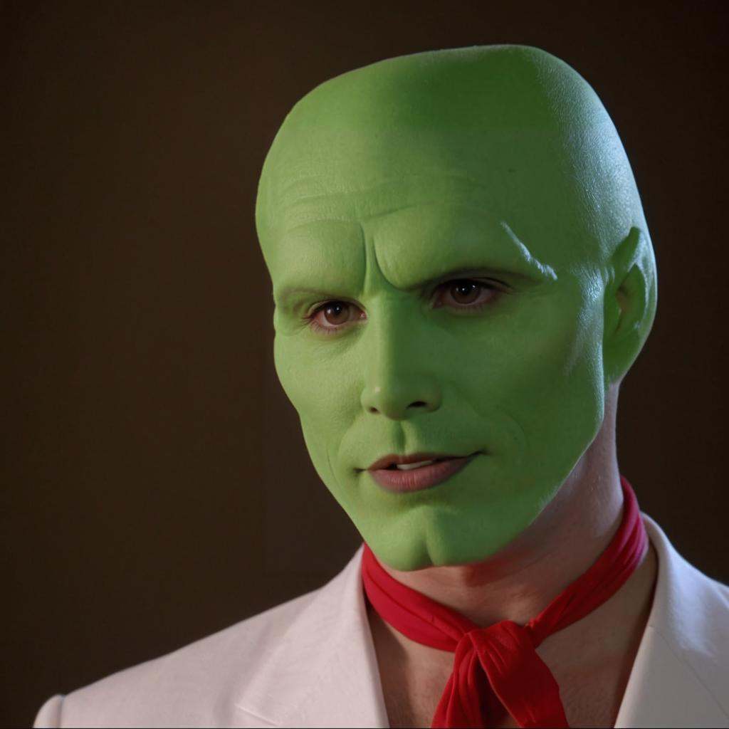 detailed high quality photo of a funny handsome man with a (((green head))),  the_mask,  ZIP2D ziprealism on Tensor.Art