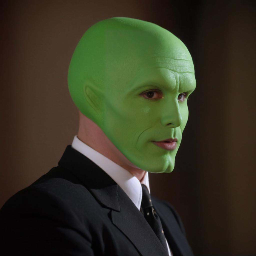 detailed high quality photo of a funny handsome man with a (((green head))),  the_mask,  ZIP2D ziprealism on Tensor.Art
