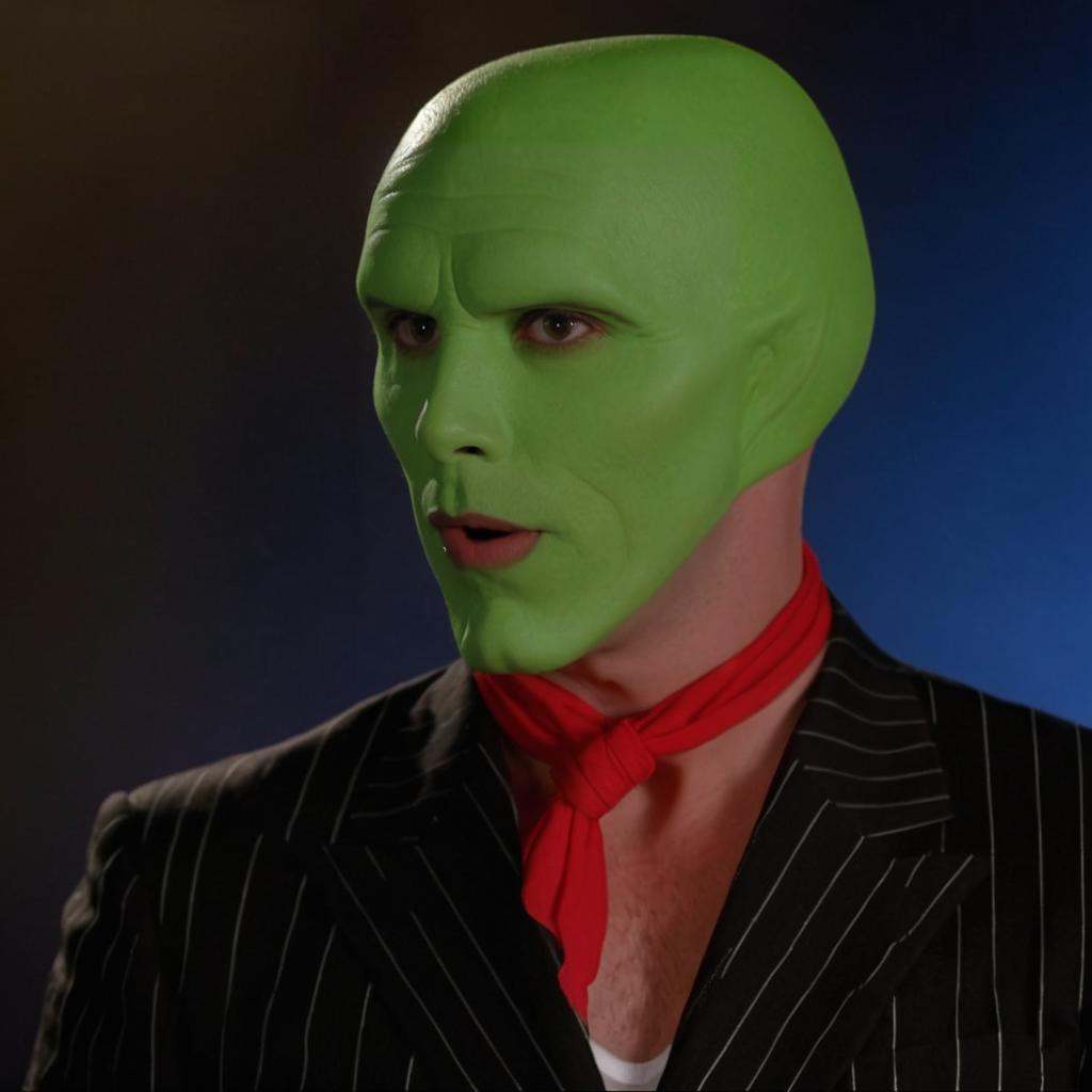 detailed high quality photo of a funny handsome man with a (((green head))),  the_mask,  ZIP2D ziprealism on Tensor.Art
