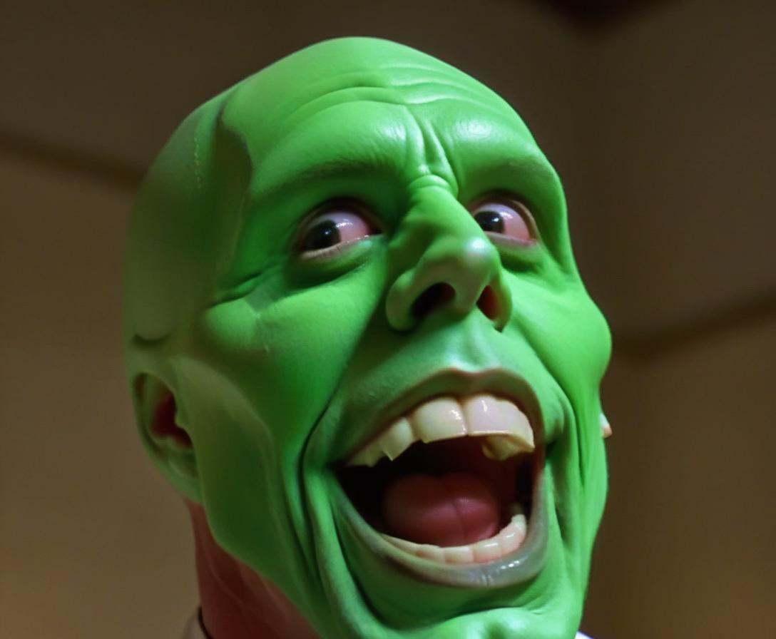the_mask,  solo photo of a charismatic,  handsome green-skinned young man with an expressive smile on Tensor.Art
