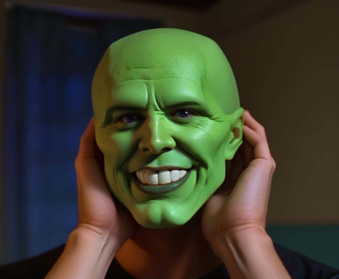 the_mask,  solo photo of a charismatic,  handsome green-skinned young man with an expressive smile on Tensor.Art