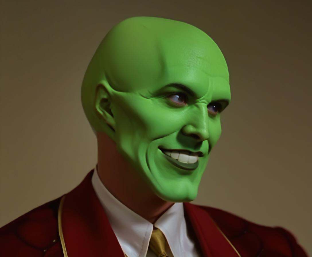 the_mask,  solo photo of a charismatic,  handsome green-skinned young man with an expressive smile on Tensor.Art