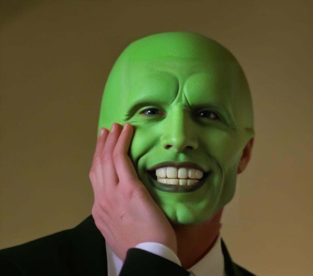 the_mask,  solo photo of a charismatic,  handsome green-skinned young man with an expressive smile on Tensor.Art