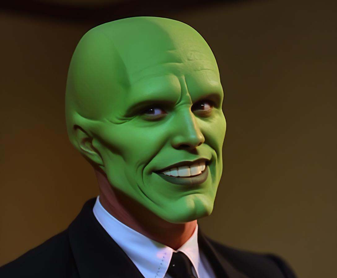 the_mask,  solo photo of a charismatic,  handsome green-skinned young man with an expressive smile on Tensor.Art