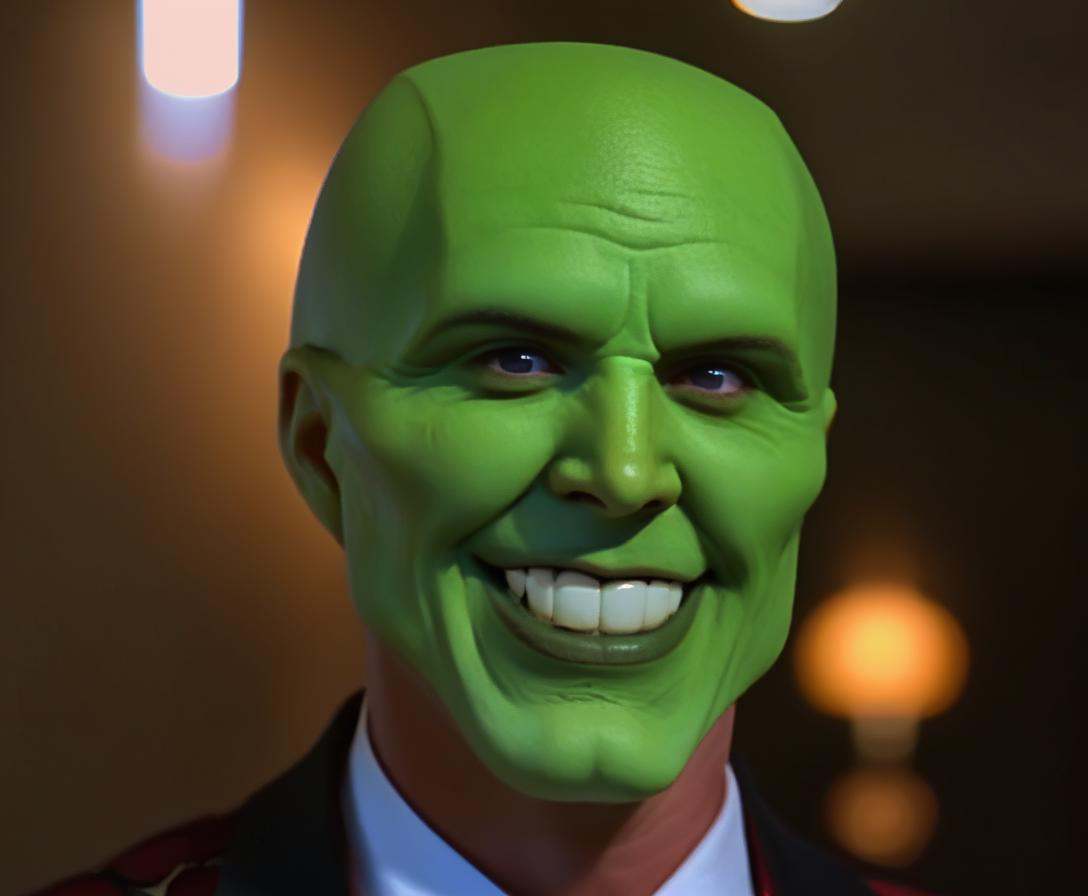 the_mask,  solo photo of a charismatic,  handsome green-skinned young man with an expressive smile on Tensor.Art