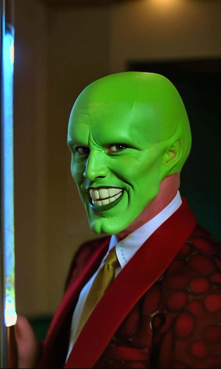 the_mask,  solo photo of a charismatic,  handsome green-skinned young man with an expressive smile on Tensor.Art
