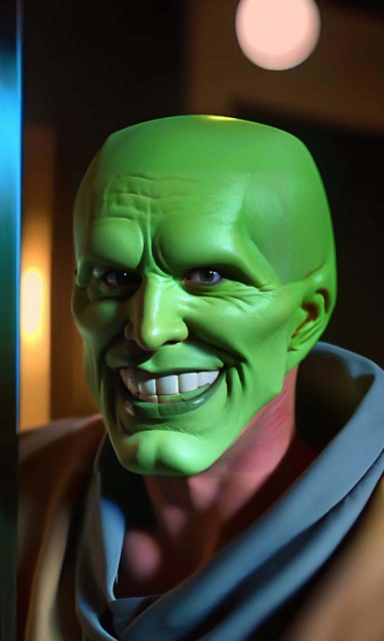 the_mask,  solo photo of a charismatic,  handsome green-skinned young man with an expressive smile on Tensor.Art