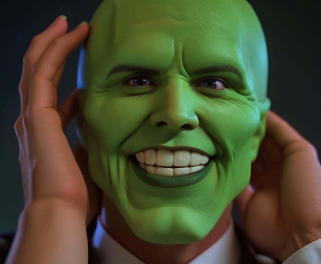 the_mask,  solo photo of a charismatic,  handsome green-skinned young man with an expressive smile on Tensor.Art