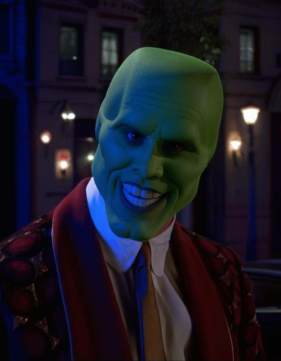 the_mask,  solo,  a handsome bald wild smiling crazy energetic man wearing a green mask at night on Tensor.Art