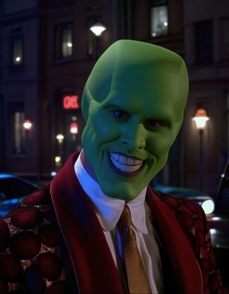 the_mask,  solo,  a handsome bald wild smiling crazy energetic man wearing a green mask in a city a night on Tensor.Art