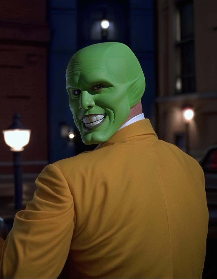 the_mask,  solo,  a handsome bald wild smiling crazy energetic man wearing a green mask at night on Tensor.Art
