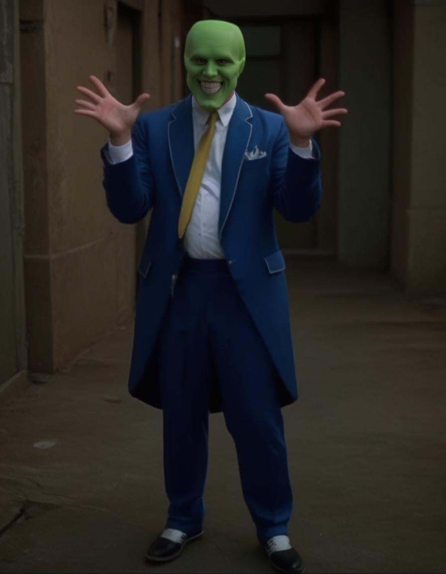 the_mask,  a handsome bald wild smiling crazy energetic man wearing a green mask,  full body view on Tensor.Art
