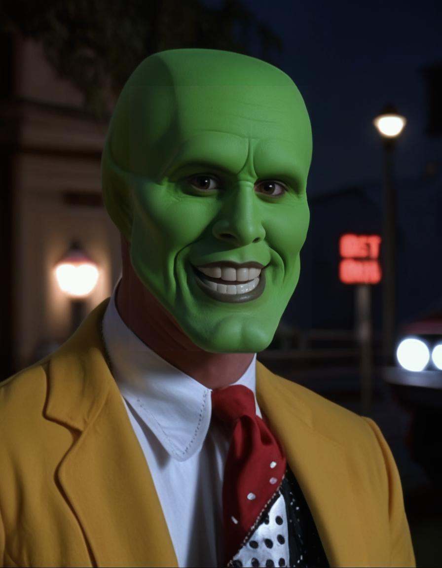 the_mask,  solo,  a handsome bald wild smiling crazy energetic man wearing a green mask at night on Tensor.Art