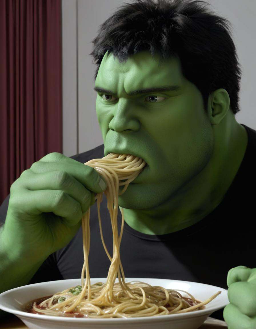 hulk eating pasta,  male,  photorealistic on Tensor.Art