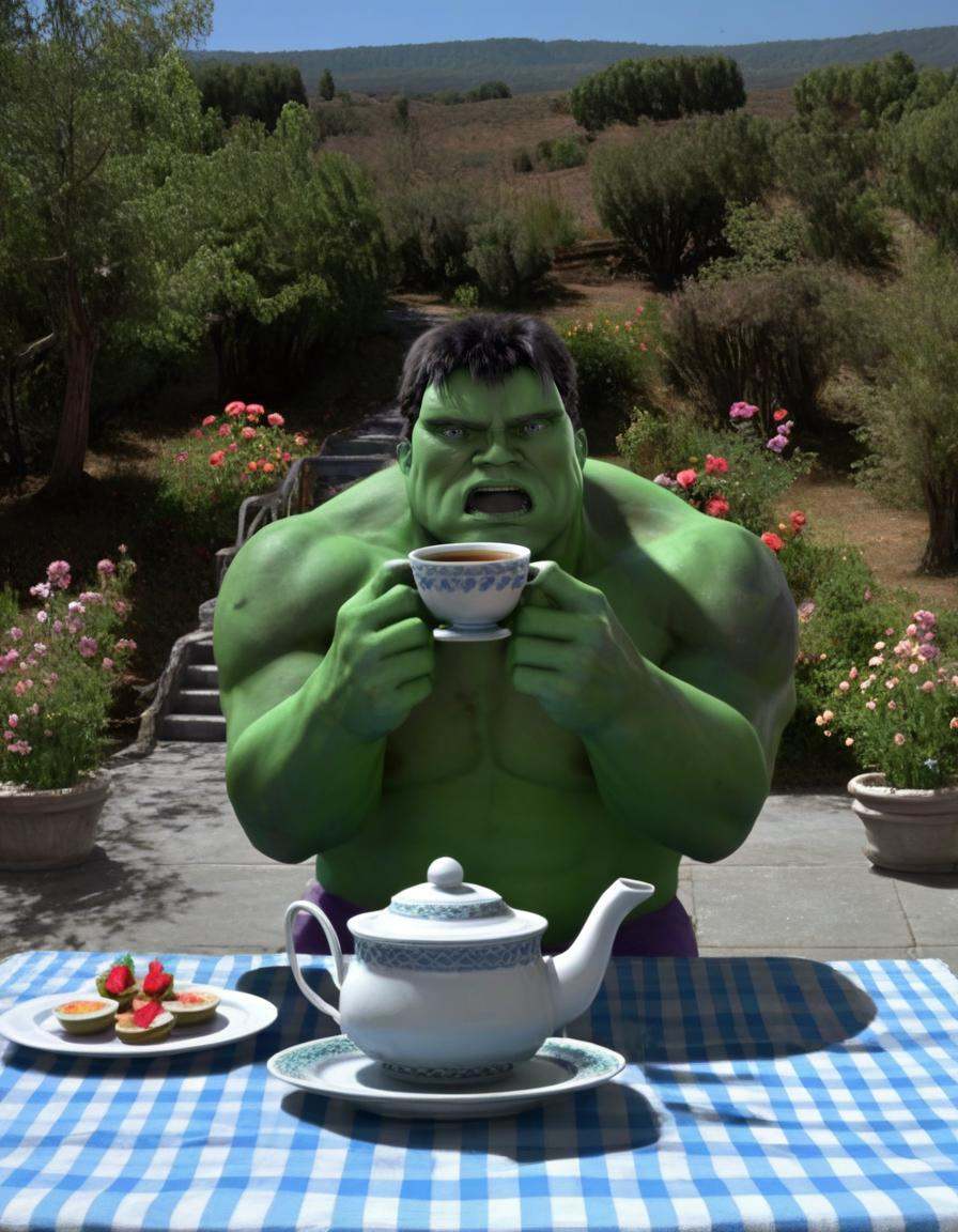 hulk at a tea party,  best quality,  best resolution on Tensor.Art