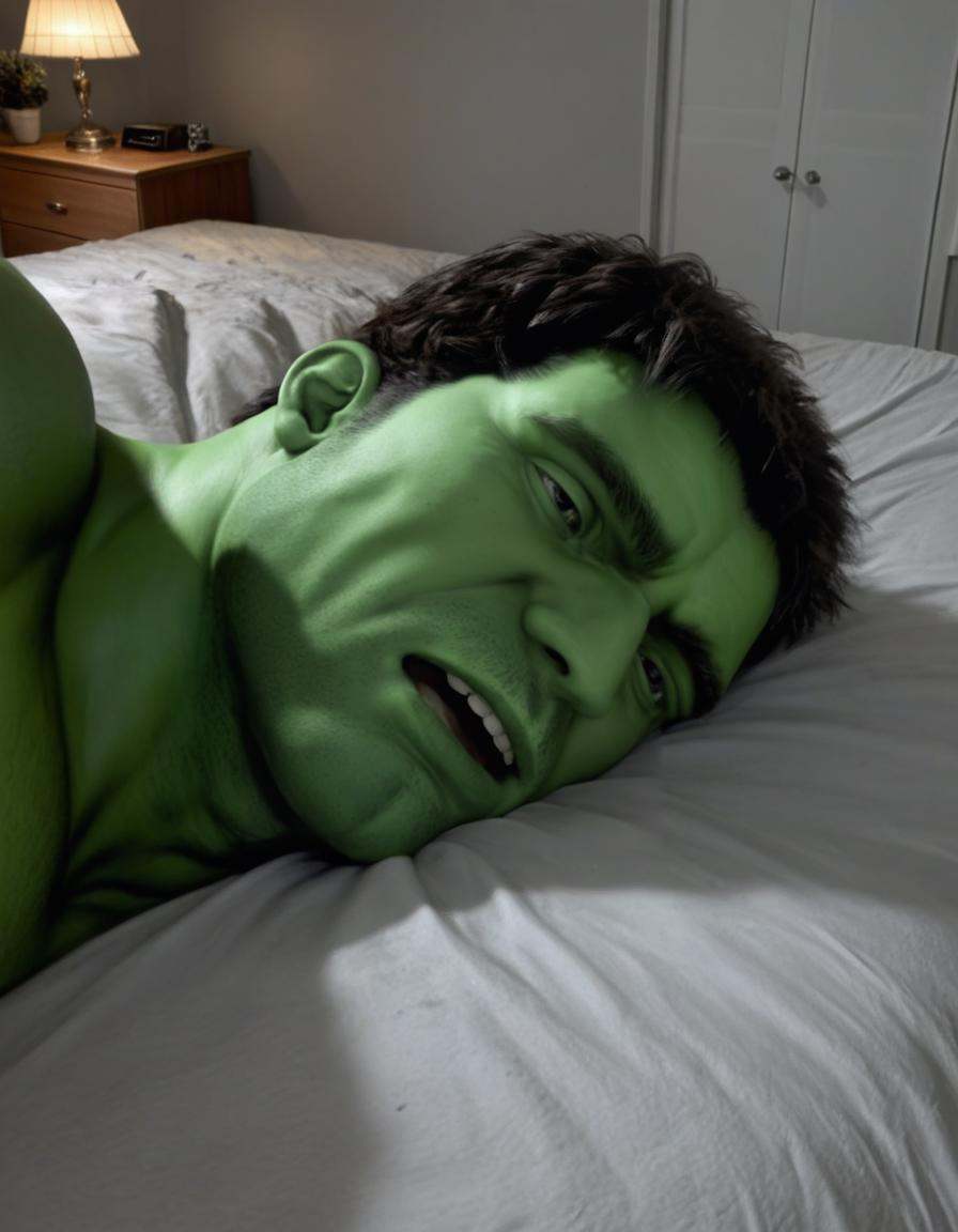 hulk lying in bed,  male,  photorealistic on Tensor.Art