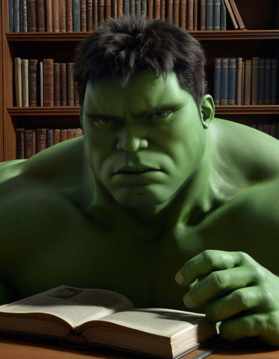 hulk reading a book in a library,  male,  photorealistic on Tensor.Art