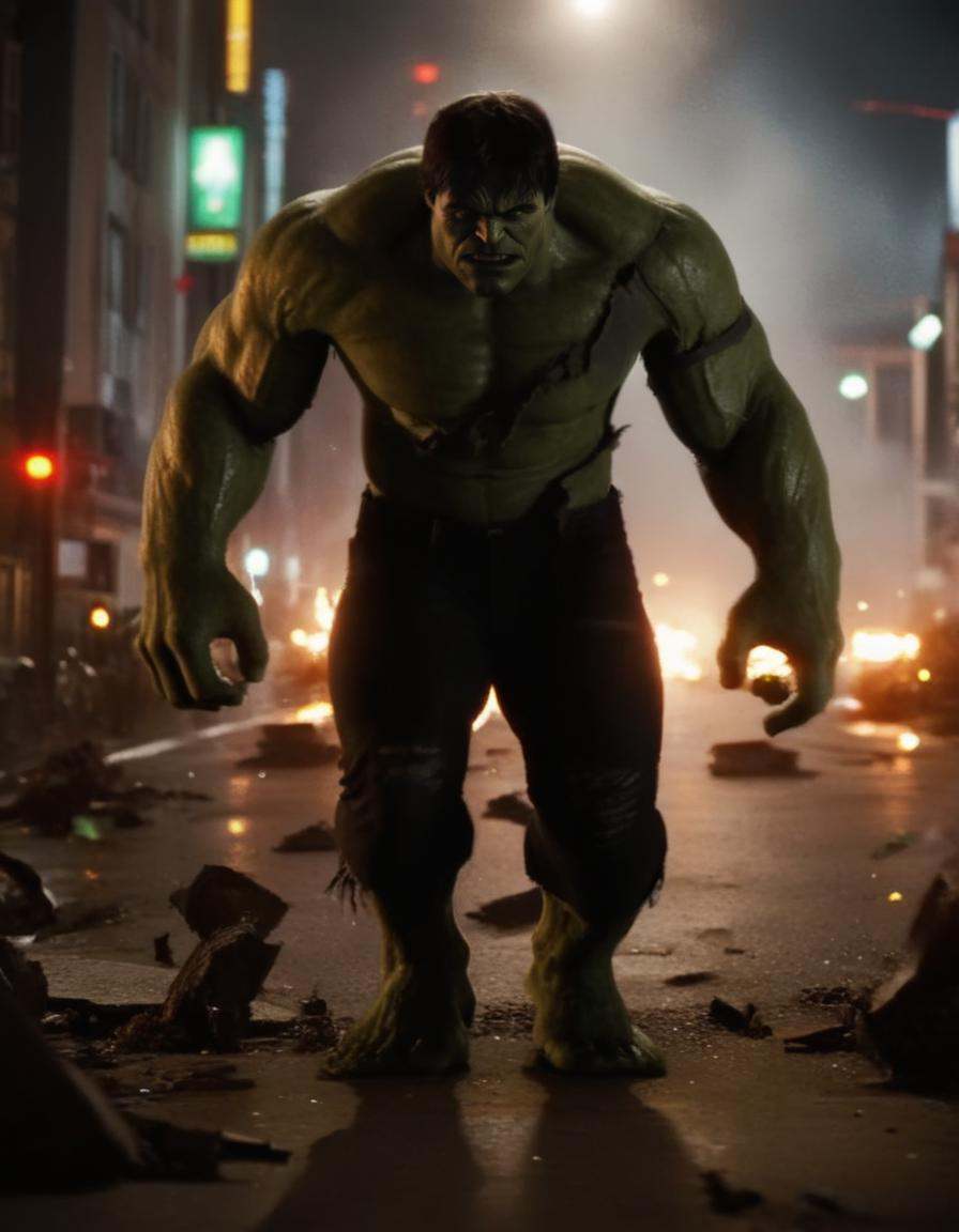 hulk,  a man walking through a destroyed city,  extremely detailed on Tensor.Art