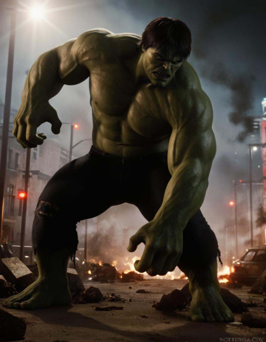 hulk,  a man fighting in a destroyed city,  extremely detailed on Tensor.Art