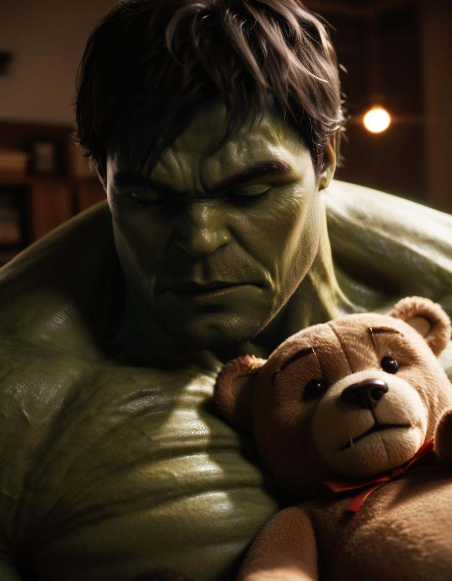 hulk,  man sleeping with teddy bear,  extremely detailed on Tensor.Art