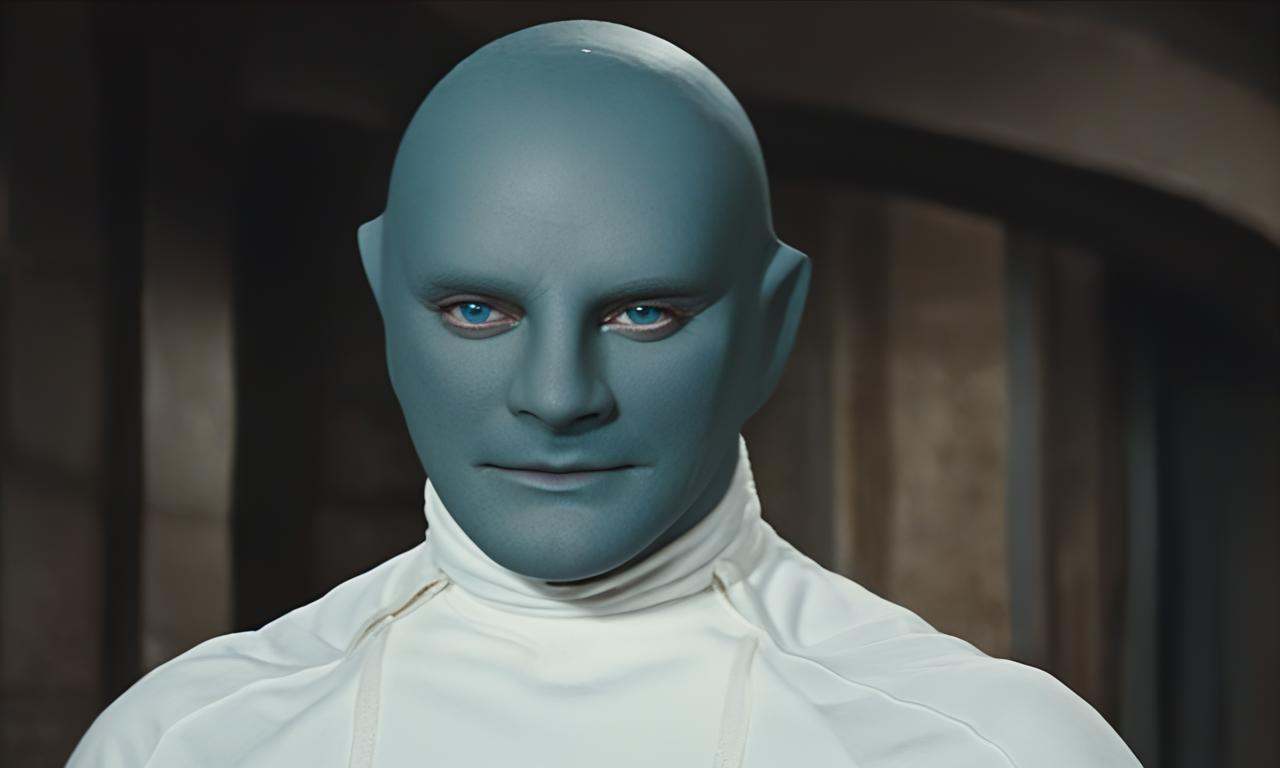 fantomas,  a bald hairless beardless cool manly muscular lean attractive handsome man with blue eyes,  strong jawline on T...