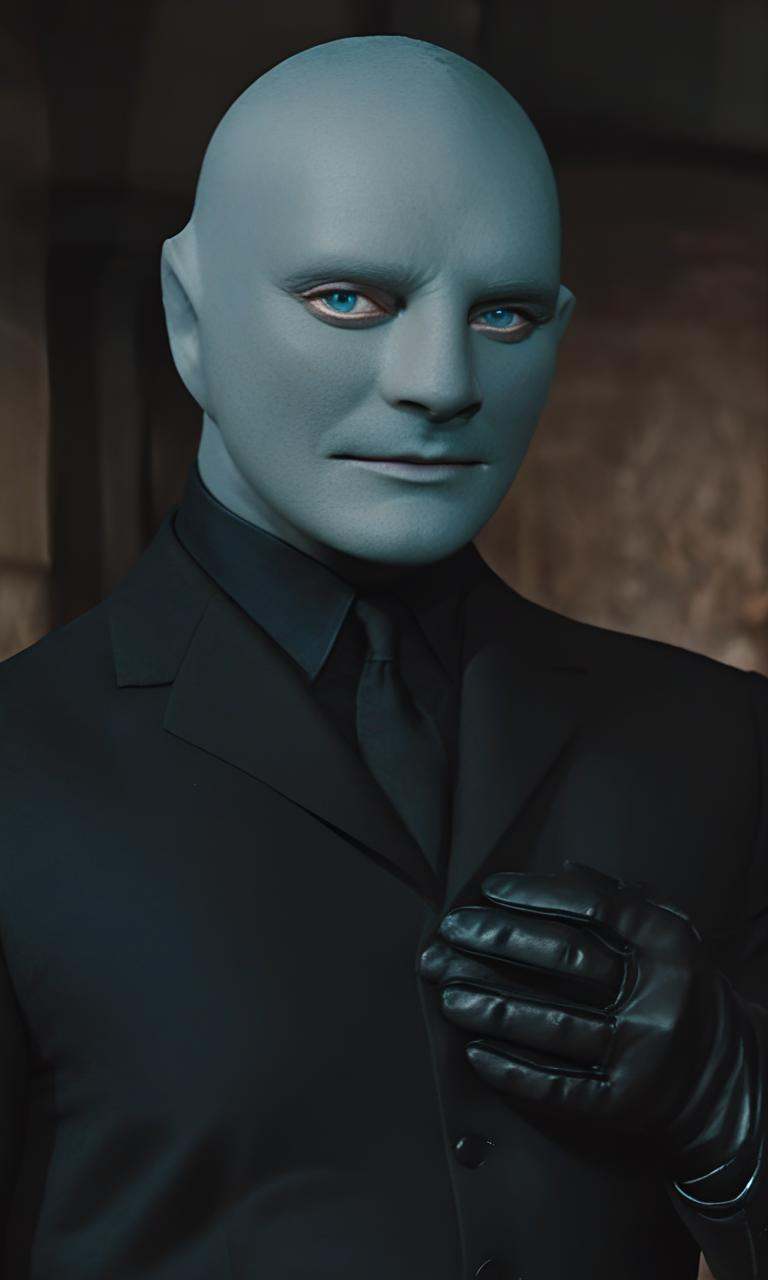 fantomas,  a bald hairless beardless cool manly muscular lean attractive handsome man with blue eyes,  strong jawline on T...