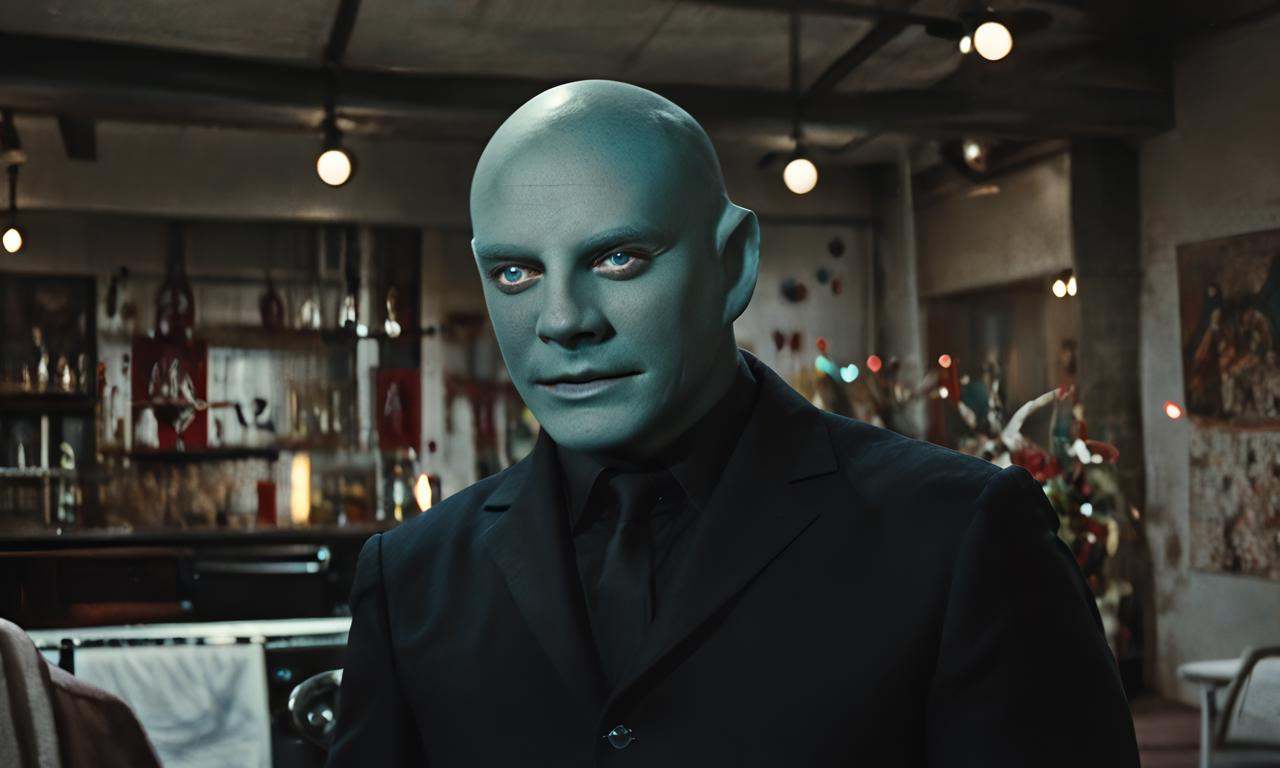 fantomas,  a bald hairless beardless cool manly muscular lean attractive handsome man with blue eyes,  strong jawline on T...