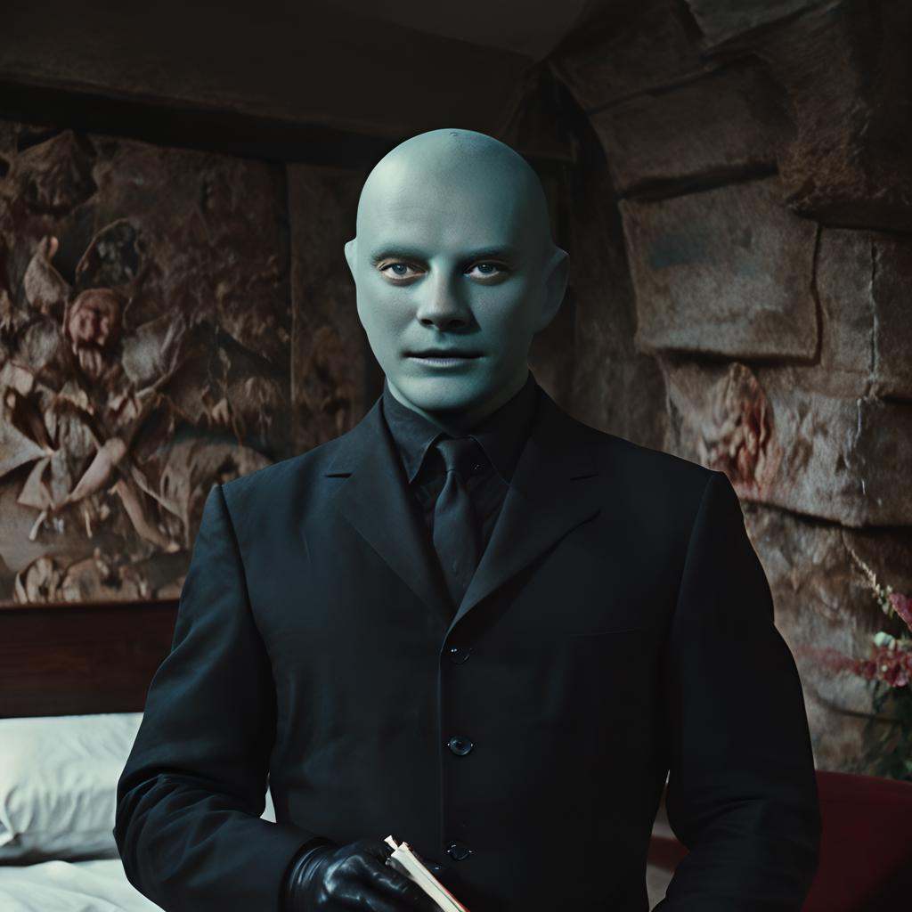 fantomas,  a bald cool muscular lean young attractive handsome man with blue eyes wearing black clothes,  black leather gl...