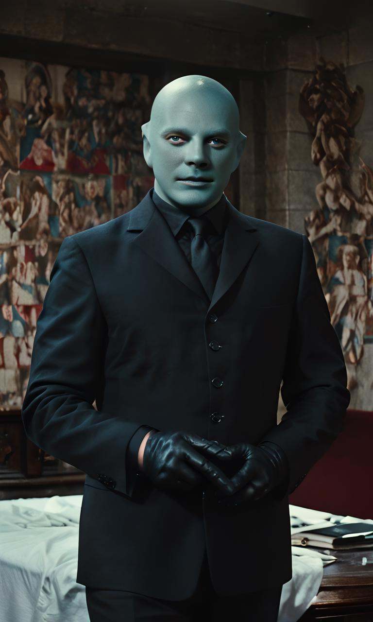 fantomas,  a bald cool muscular lean young attractive handsome man with blue eyes wearing white clothes,  black leather gl...