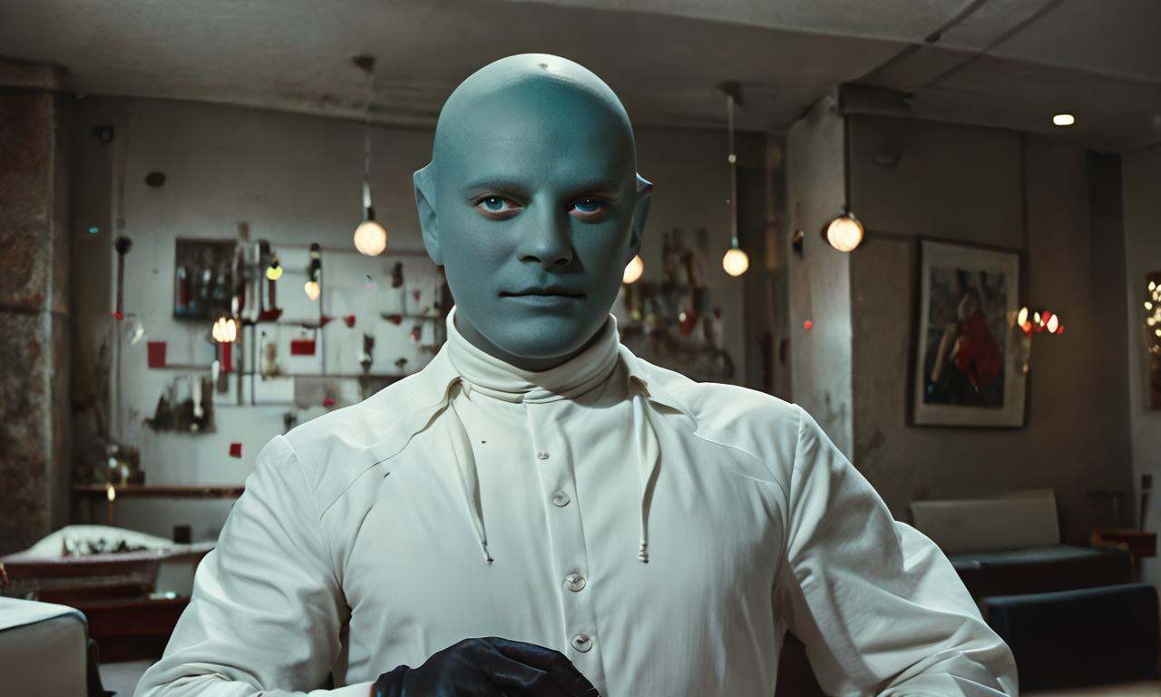 fantomas,  a bald cool muscular lean young attractive handsome man with blue eyes wearing white clothes,  black leather gl...