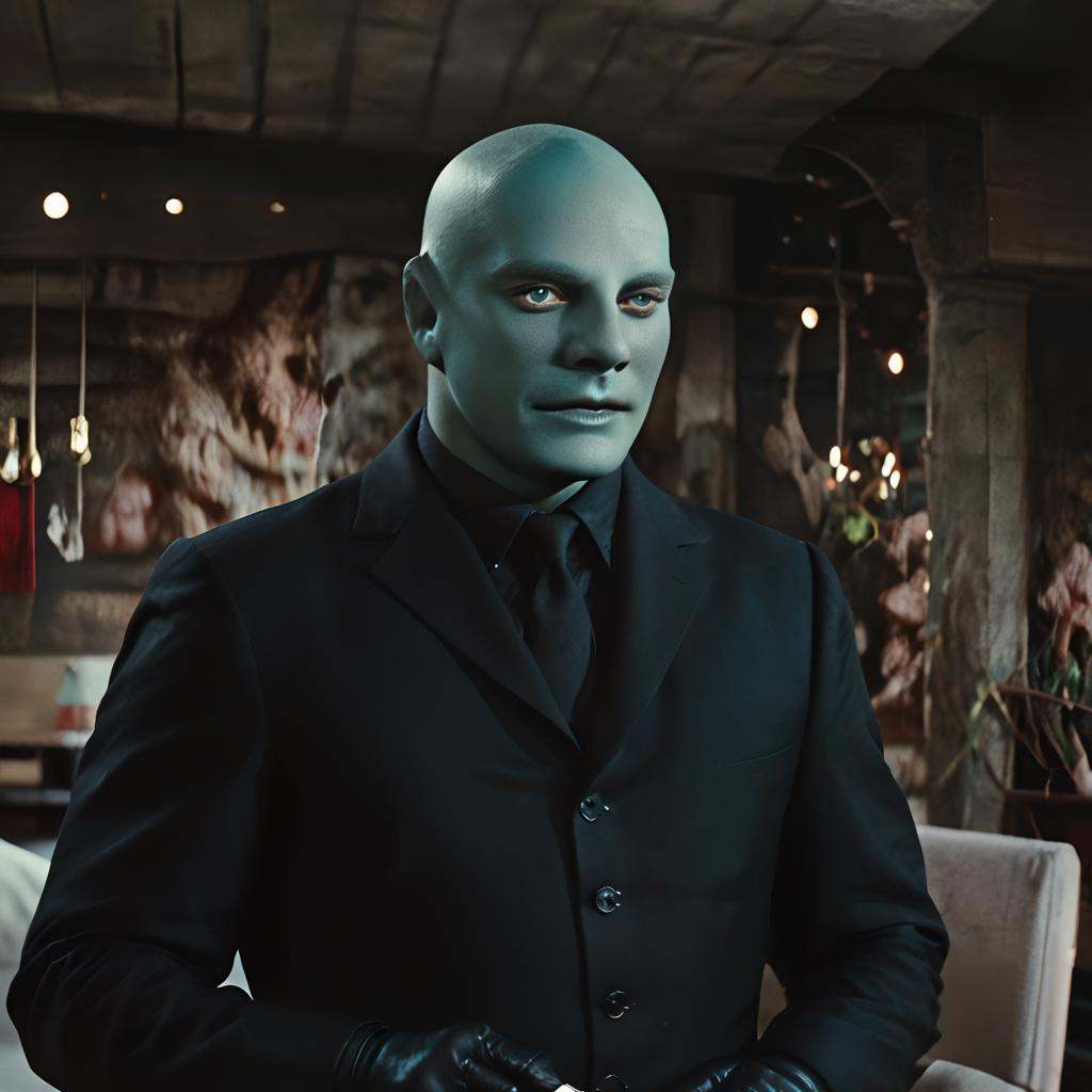 fantomas,  a bald hairless beardless cool manly muscular lean attractive handsome man with blue eyes,  strong jawline on T...