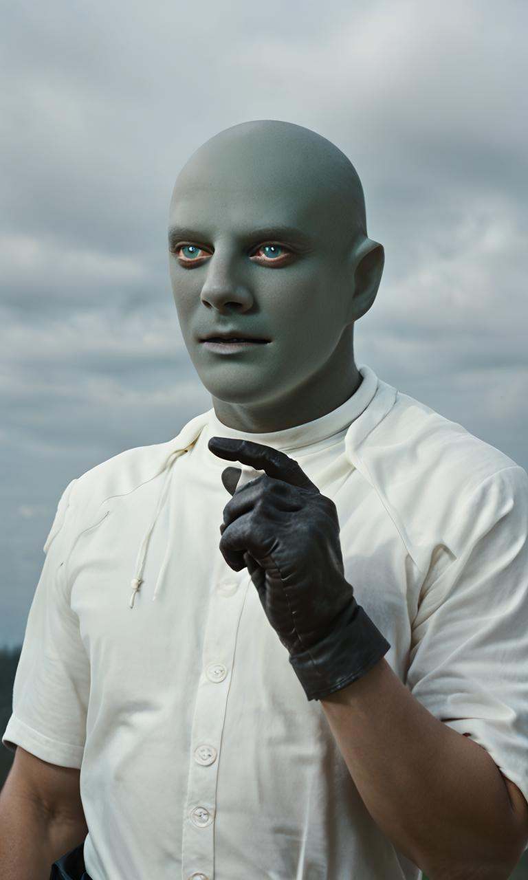 fantomas,  a bald hairless beardless cool manly muscular lean attractive handsome man with blue eyes,  strong jawline on T...