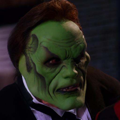 detailed high quality photo of a man with a (((green head))) and brown hair,  the_mask on Tensor.Art