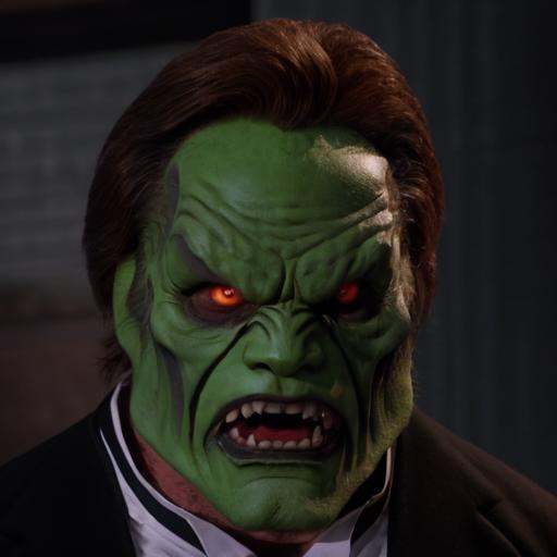 detailed high quality photo of an evil angry man with a (((green head))) and brown hair,  the_mask on Tensor.Art