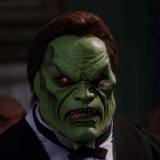 detailed high quality photo of an evil angry man with a (((green head))) and brown hair,  the_mask on Tensor.Art