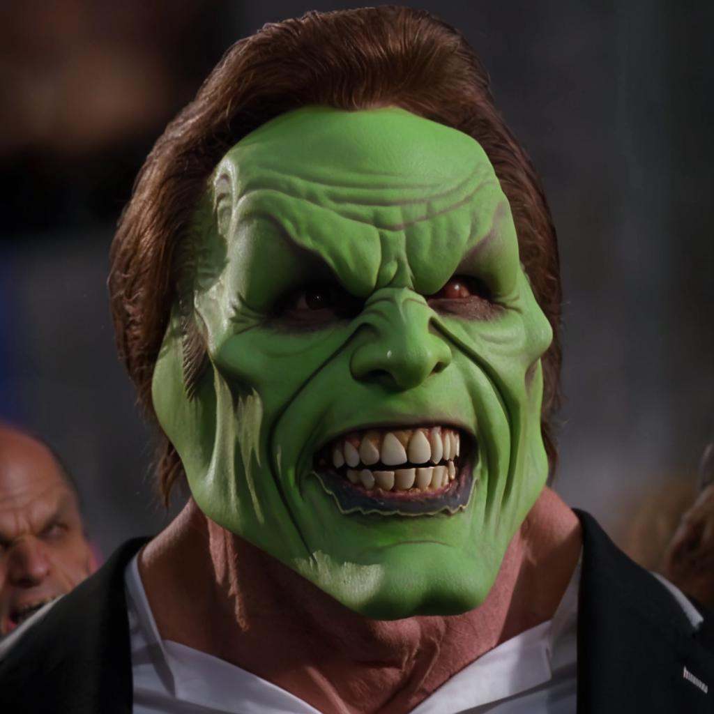 detailed high quality photo of a laughing man with a (((green head))),  ugly teeth and brown hair,  the_mask on Tensor.Art