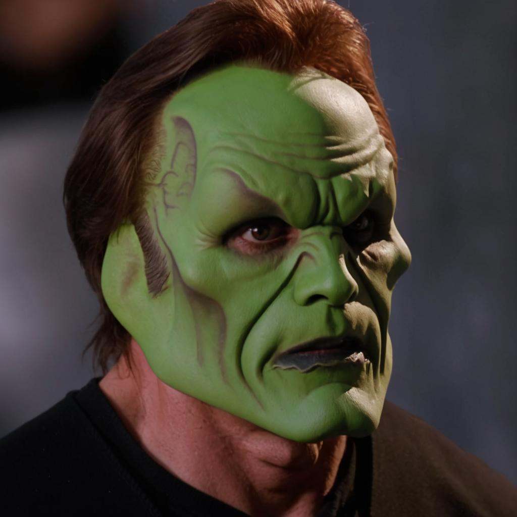 detailed high quality photo of a man with a (((green head))) and brown hair,  the_mask on Tensor.Art