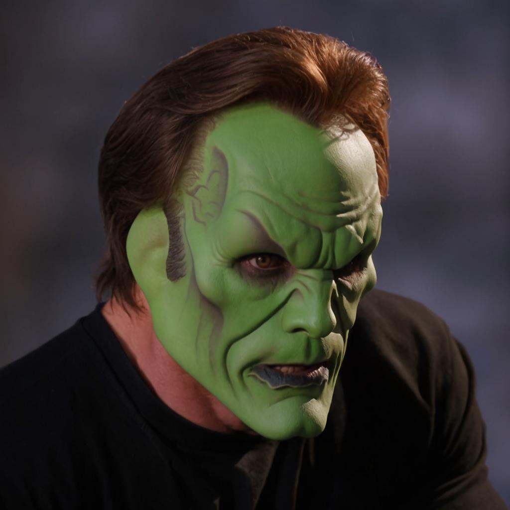 detailed high quality photo of a man with a (((green head))) and brown hair,  the_mask on Tensor.Art